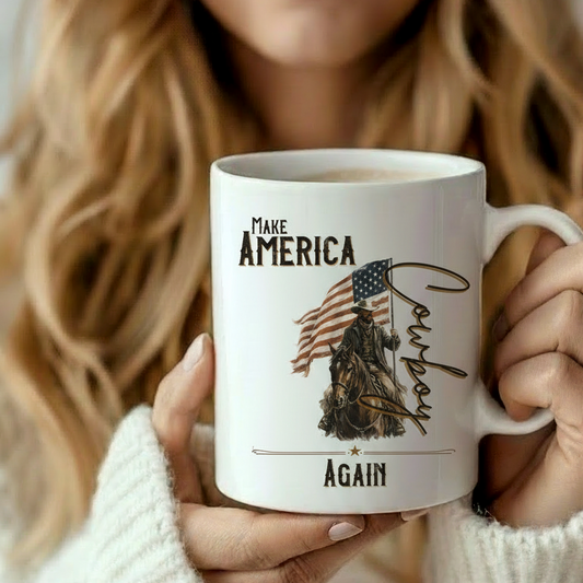 white mug with Make America Cowboy Again