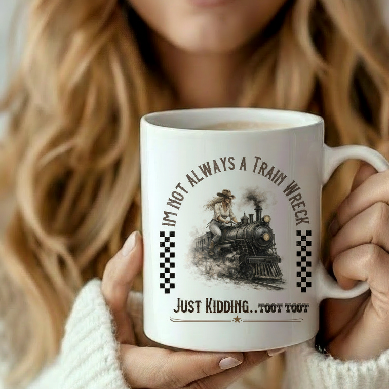 White Mug with Train Wreck saying